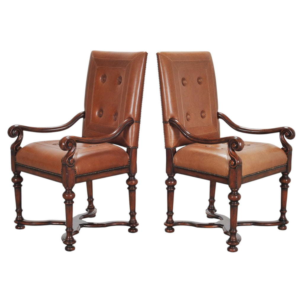 Pair of Louis XIII Baroque Style Mahogany Leather Armchairs