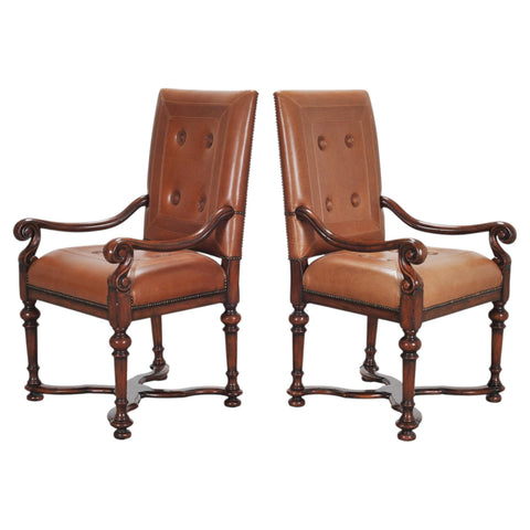Pair of Louis XIII Baroque Style Mahogany Leather Armchairs