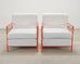 Pair of French Maison Jean Orange Iron Lattice Lounge Chairs