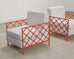 Pair of French Maison Jean Orange Iron Lattice Lounge Chairs