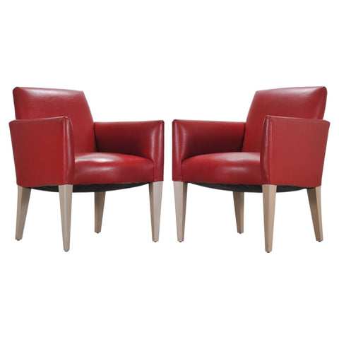 Pair of Italian Art Deco Style Red Leather Lounge Armchairs