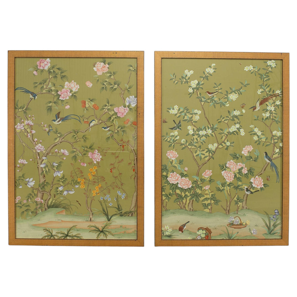 Pair of Chelsea House Edgedale Chinoiserie Painted Silk Panels