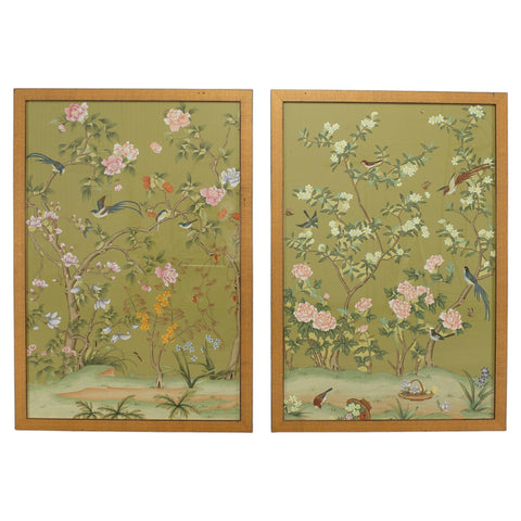 Pair of Chelsea House Edgedale Chinoiserie Painted Silk Panels