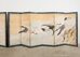 Pair of Japanese Meiji Six Panel Screen Cranes Above Cresting Waves