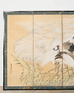 Pair of Japanese Meiji Six Panel Screen Cranes Above Cresting Waves