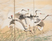 Pair of Japanese Meiji Six Panel Screen Cranes Above Cresting Waves