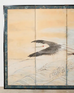 Pair of Japanese Meiji Six Panel Screen Cranes Above Cresting Waves