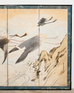 Pair of Japanese Meiji Six Panel Screen Cranes Above Cresting Waves