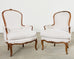 Pair of French Louis XV Style Walnut Bergeres with Linen