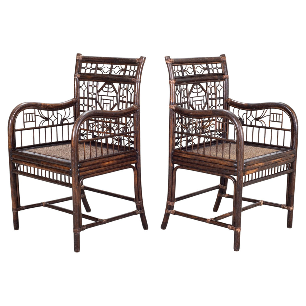Pair of McGuire Chinese Chippendale Rattan Fretwork Armchairs