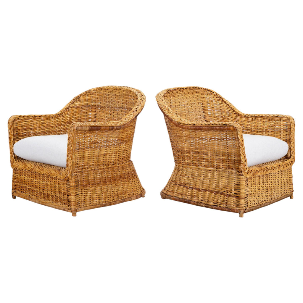 Pair of Organic Modern Rattan Wicker Lounge Armchairs