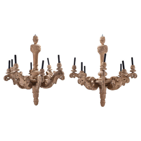 Pair of RH French Baroque Style Carved Wood 8-Arm Chandeliers
