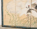 Pair of Japanese Meiji Six Panel Screen Cranes Above Cresting Waves