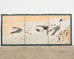 Pair of Japanese Meiji Six Panel Screen Cranes Above Cresting Waves