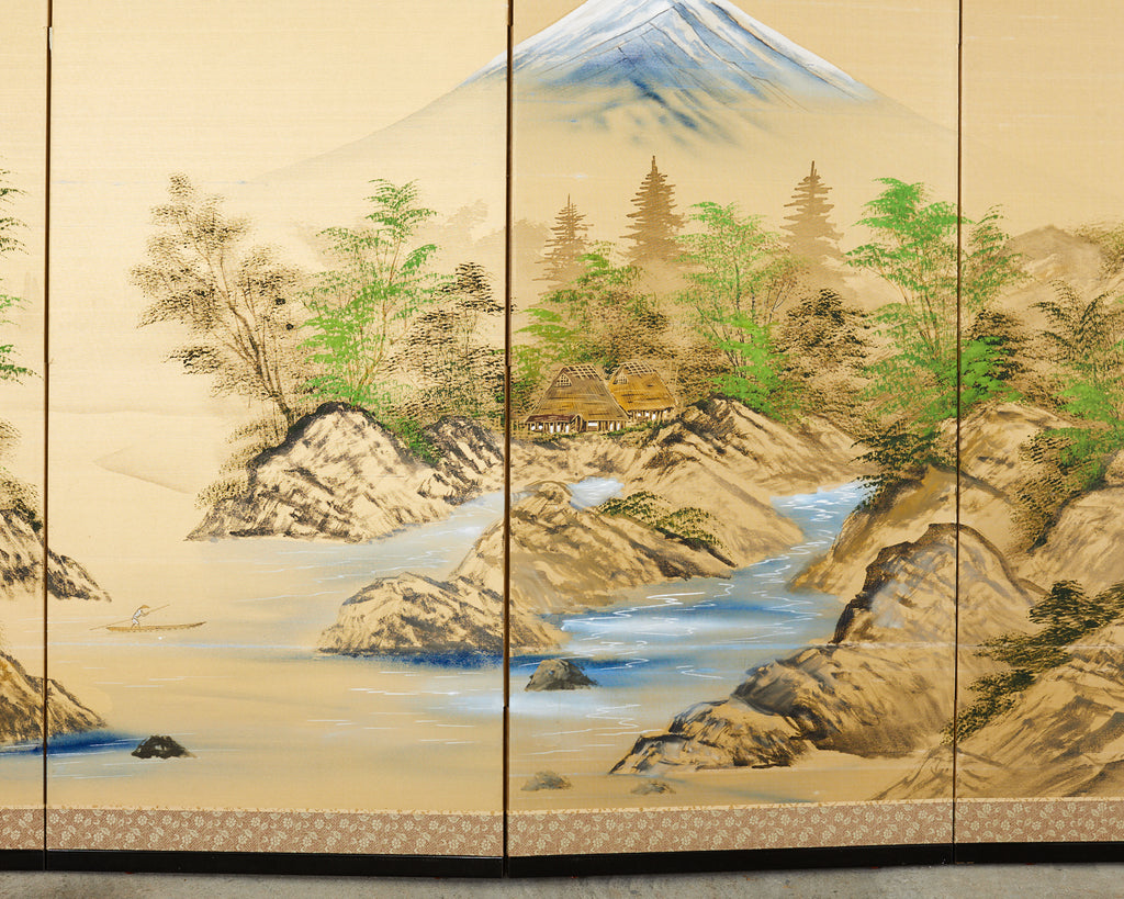 Vintage 1950's Japanese Painting on Silk of Mt Fuji and Fishing Boats