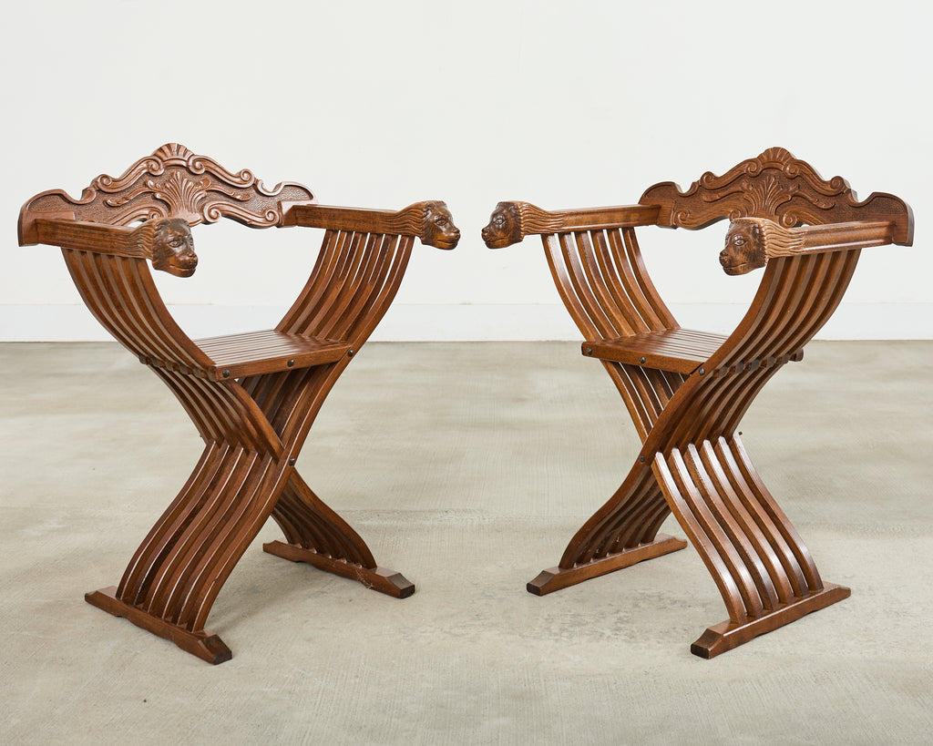 Set of Four Italian Baroque Lion Head Savonarola Chairs Erin Lane Estate