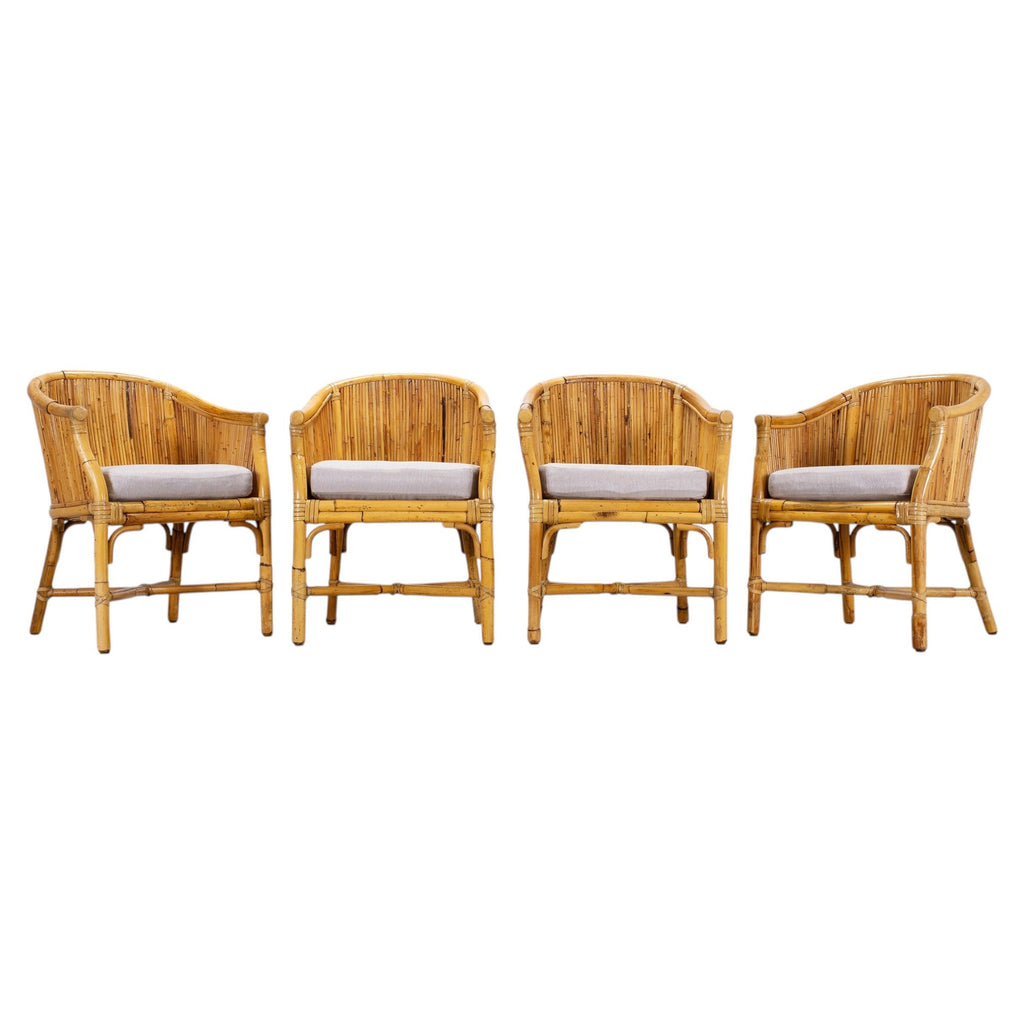 Set of Four McGuire Barrel Back Rattan Bamboo Dining Armchairs