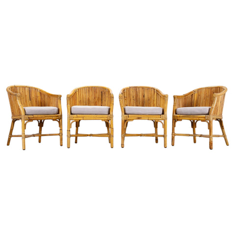 Set of Four McGuire Barrel Back Rattan Bamboo Dining Armchairs