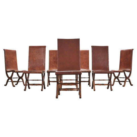 Set of Eight French Provincial Leather Oak Curule Dining Chairs