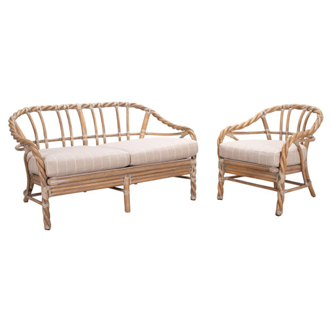 Pair of McGuire Organic Modern Cerused Twisted Rattan Settee and Lounge Chair