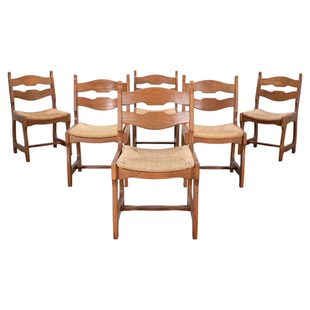 Set of Six French Brutalist Razor Blade Oak Rush Dining Chairs
