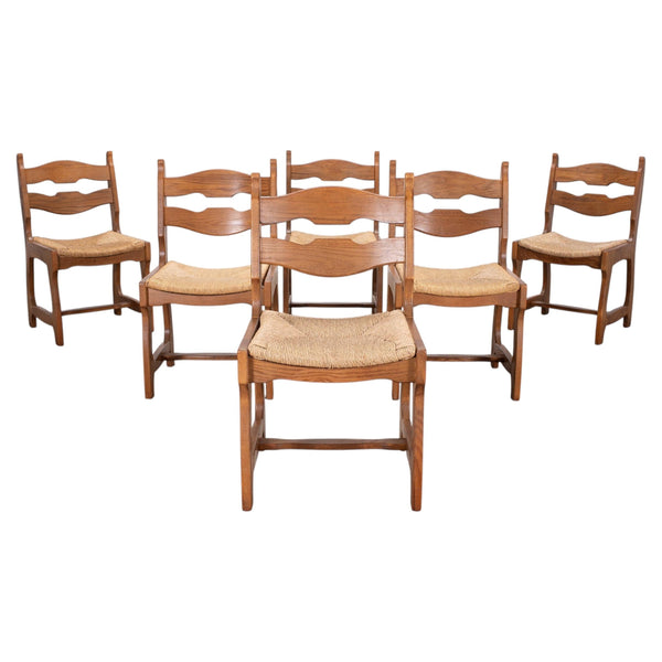 Set of Six French Brutalist Razor Blade Oak Rush Dining Chairs
