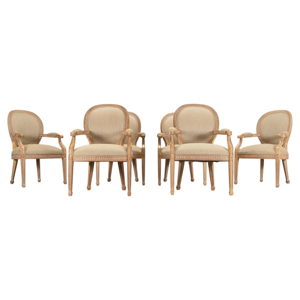Set of Six Kreiss Louis XVI Style Cerused Oak Dining Armchairs