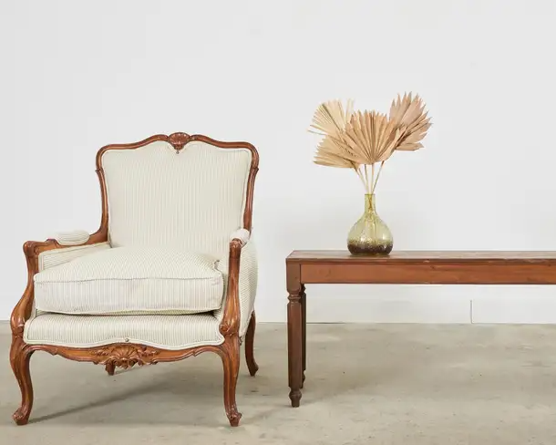 Pair of Louis XVI Style Walnut Caned Needlepoint Lounge Chairs - Erin Lane  Estate