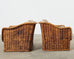 Pair of Italian Wicker Works Rattan Lounge Chairs & Ottoman