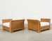 Pair of Hollywood Regency Wicker Lounge Chairs + Ottomans
