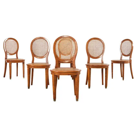 Set of Six French Burlwood Caned Dining Chairs