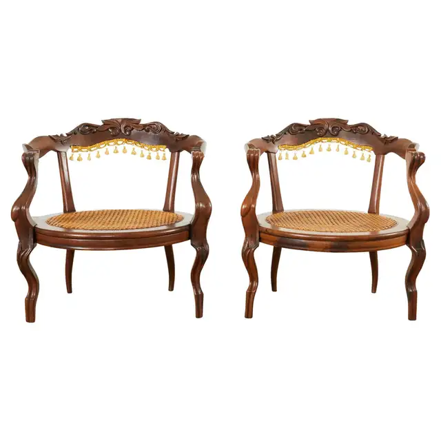 Pair of Venetian Rococo Style Caned Barrel Armchairs
