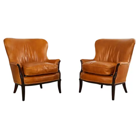 Pair of Leather Italian Butterfly Wingback Lounge Chairs