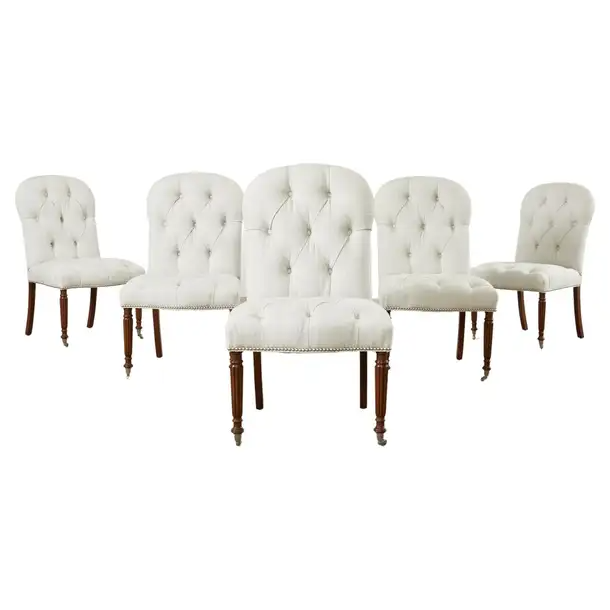 Set of Six Tufted Linen and Walnut Dining Chairs