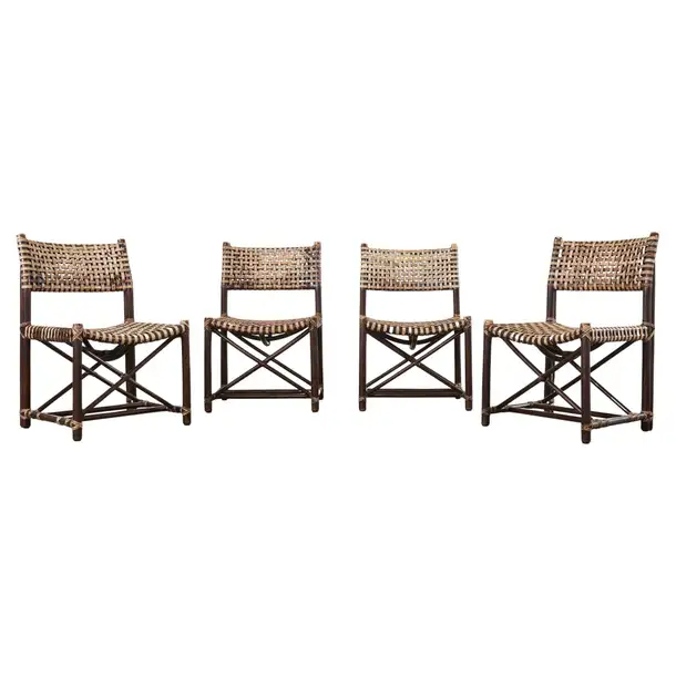 Set of Four McGuire Antalya Laced Rawhide Rattan Dining Chairs