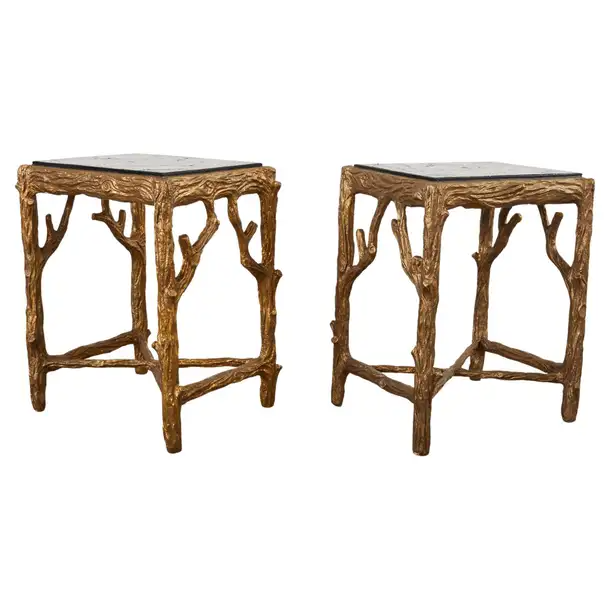 Pair of Gilt Faux Bois Drink Tables with Faux Marble Tops