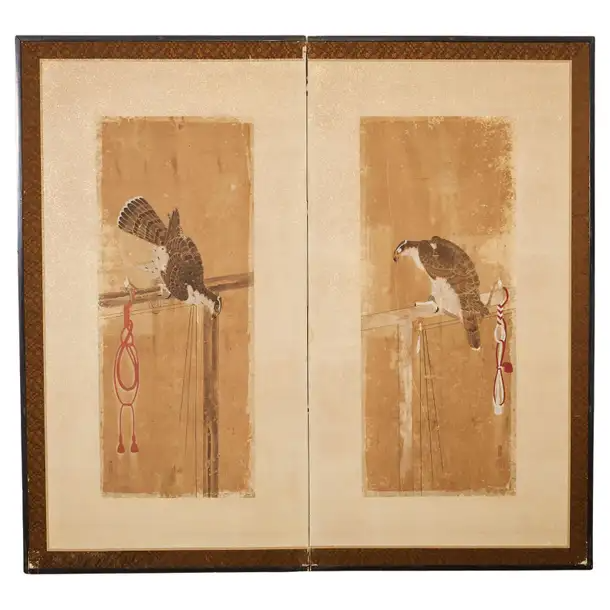 Japanese Edo Two Panel Screen Birds of Prey Hawks