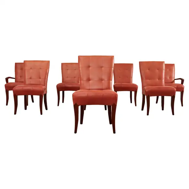 Set of Eight Exceptional Louis XV Style Tan Faux Leather Dining