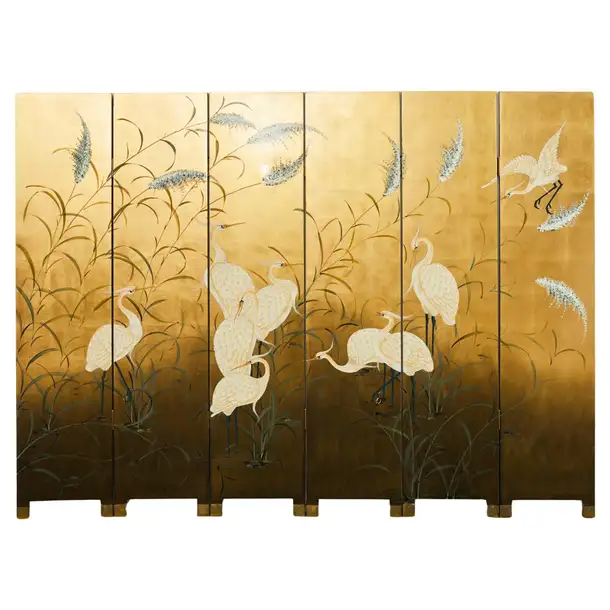 Chinese Export Six Panel Folding Screen Cranes on Gold Leaf