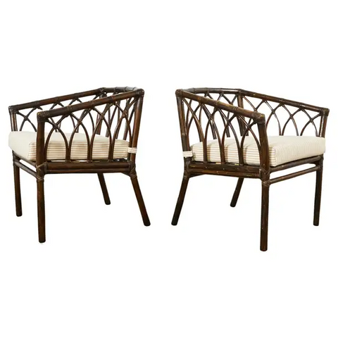 Pair of McGuire Organic Modern Rattan Cathedral Style Armchairs