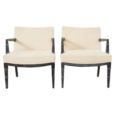 Pair of Modern Cerused Oak Faux Bamboo Bouclé Armchairs