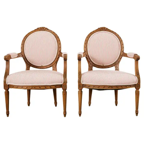 Pair of French Louis XVI Style Cameo Back Fauteuil Armchairs