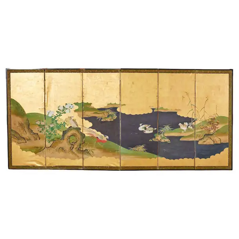 Japanese Meiji Six Panel Screen Kano School Bird Waterscape