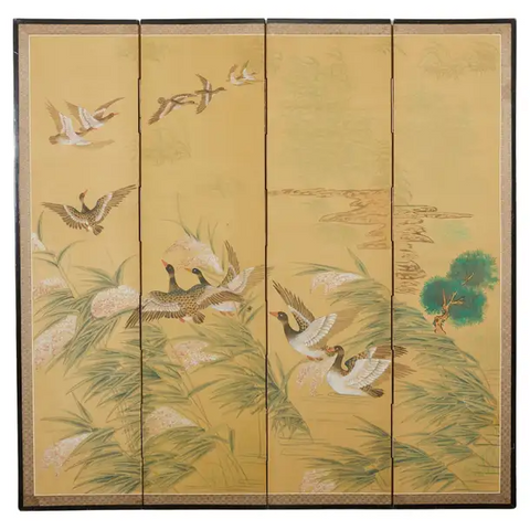 Japanese Style Four Panel Screen Geese Flight Over Reeds