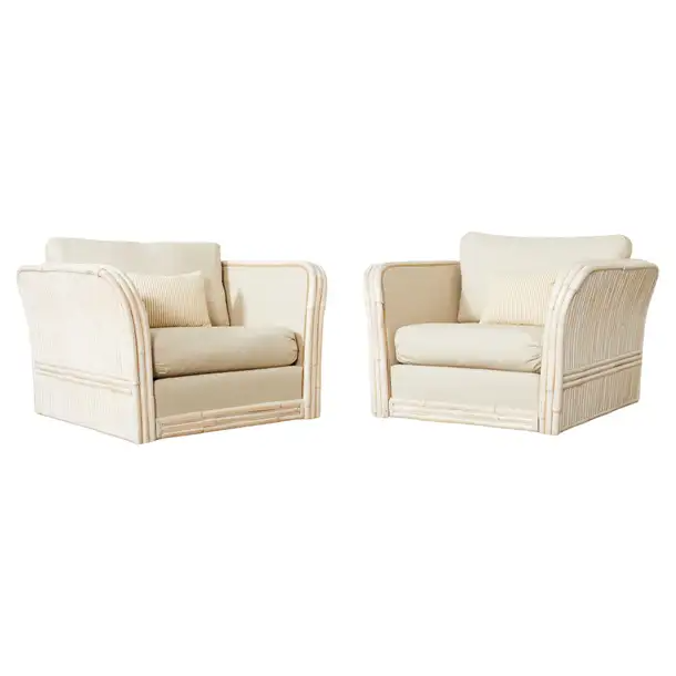 Pair of Ralph Lauren Style Cerused Rattan Bamboo Lounge Chairs