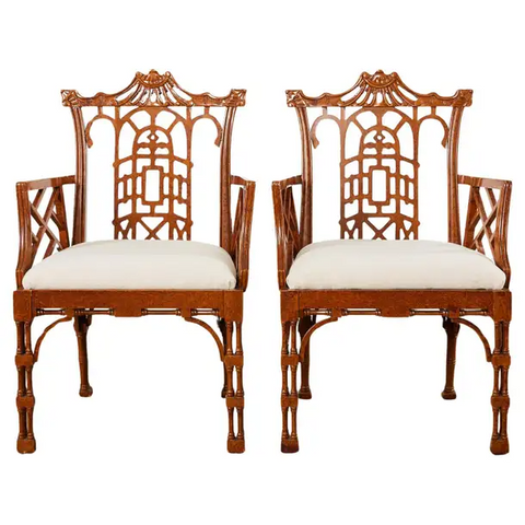 Pair of George III Chinese Chippendale Style Lacquered Pagoda Armchairs