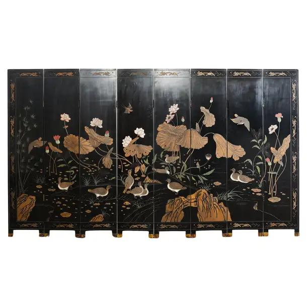 Chinese Export Eight Panel Coromandel Screen Lotus Blossoms