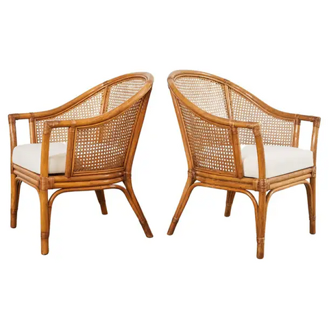 Pair of McGuire Style Rattan Cane Barrel Back Armchairs
