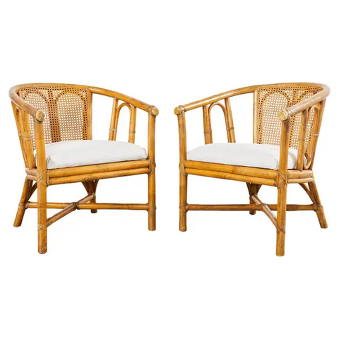 Pair of McGuire Organic Modern Style Rattan Cane Barrel Lounge Chairs