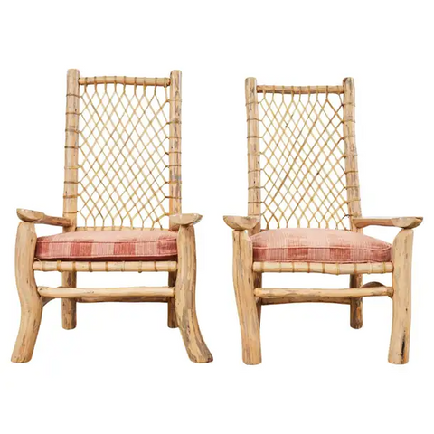 Pair of Carved Wood and Rawhide High Back Adirondack Chairs